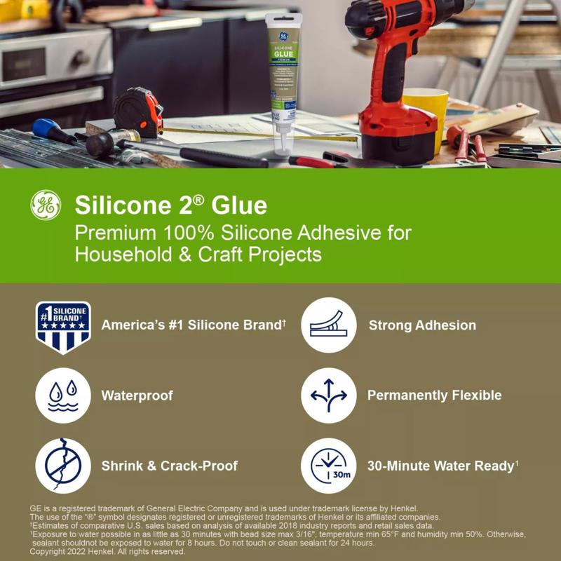 GE Silicone 2 Medium Strength Silicone Clear Glue 2.8 oz, Pack of 12