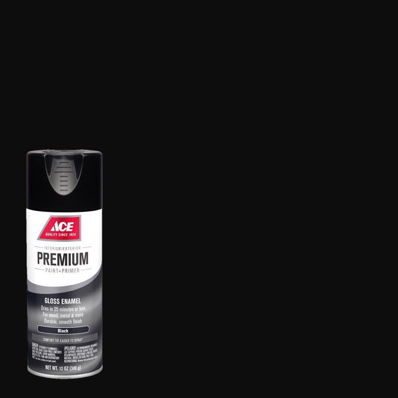 Ace Premium Gloss Black Paint + Primer Enamel Spray 12 oz, Pack of 6