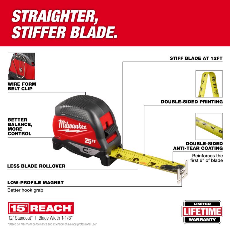 Milwaukee 25 ft. L X 1 in. W Compact Wide Blade Magnetic Tape Measure 2 pk