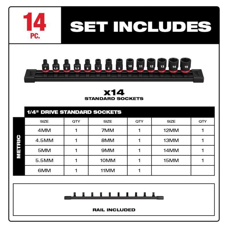 Milwaukee Shockwave 1/4 in. drive Metric 6 Point Standard Impact Rated Socket Set 14 pc
