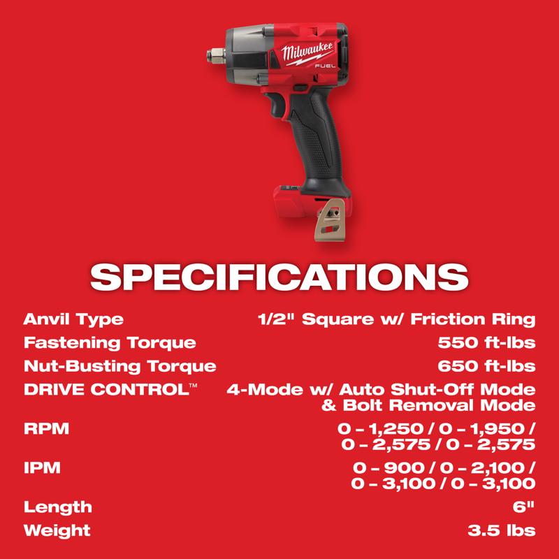 Milwaukee M18 FUEL 1/2 in. Cordless Brushless Mid-Torque Impact Wrench Kit (Battery & Charger)