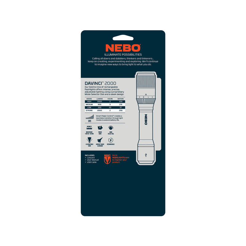 NEBO Davinci 2000 lm Black LED Rechargeable Flashlight 18650 Battery