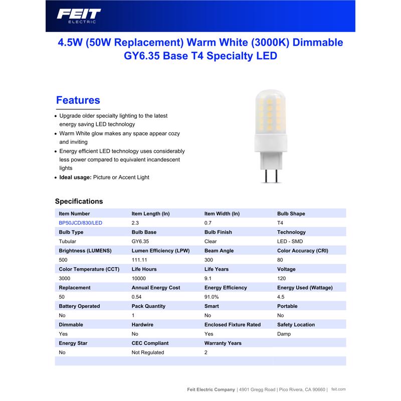 Feit T4 GY6.35 LED Bulb Warm White 50 Watt Equivalence 1 pk