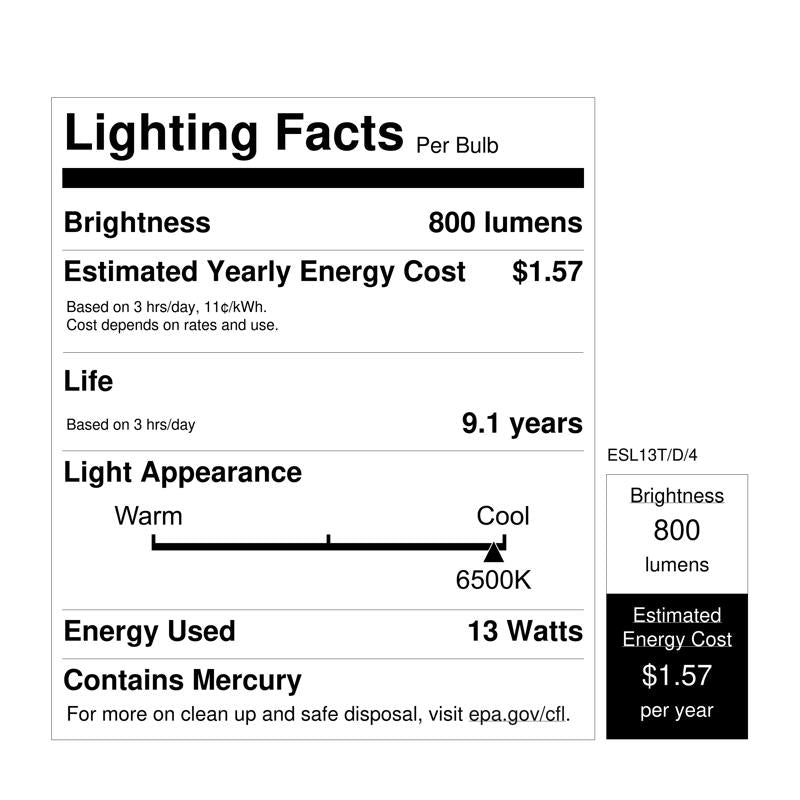 Feit Electric ESL13T/D/4 Compact Fluorescent Bulb, 13 W, Spiral Lamp, Medium E26 Lamp Base, 800 Lumens, Daylight Light