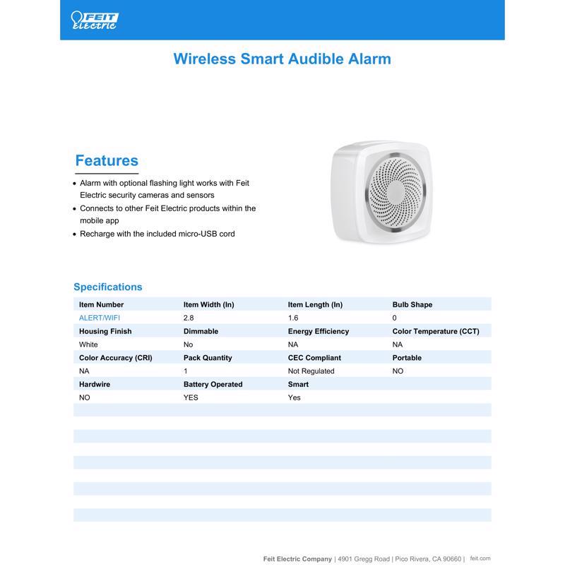 Feit Smart Home White Plastic Wireless Smart-Enabled Smart Audible Alarm