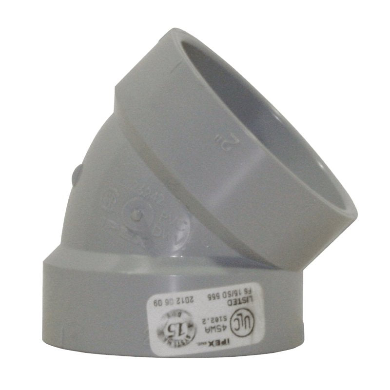 Homerite System 15 Series 326512 Short Elbow, 2 in, Hub x Hub, 45 deg Angle, PVC, Gray, SCH 40 Schedule