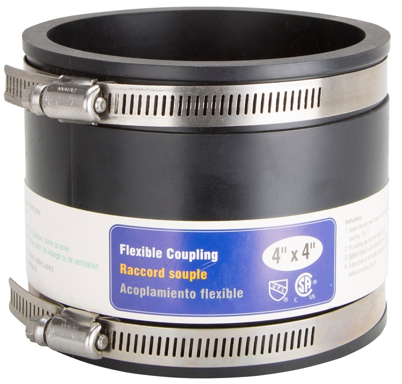 ProSource FC56-44 Coupling, 4 x 4 in, Cast Iron, Plastic and Steel Drain Pipes, PVC, Black