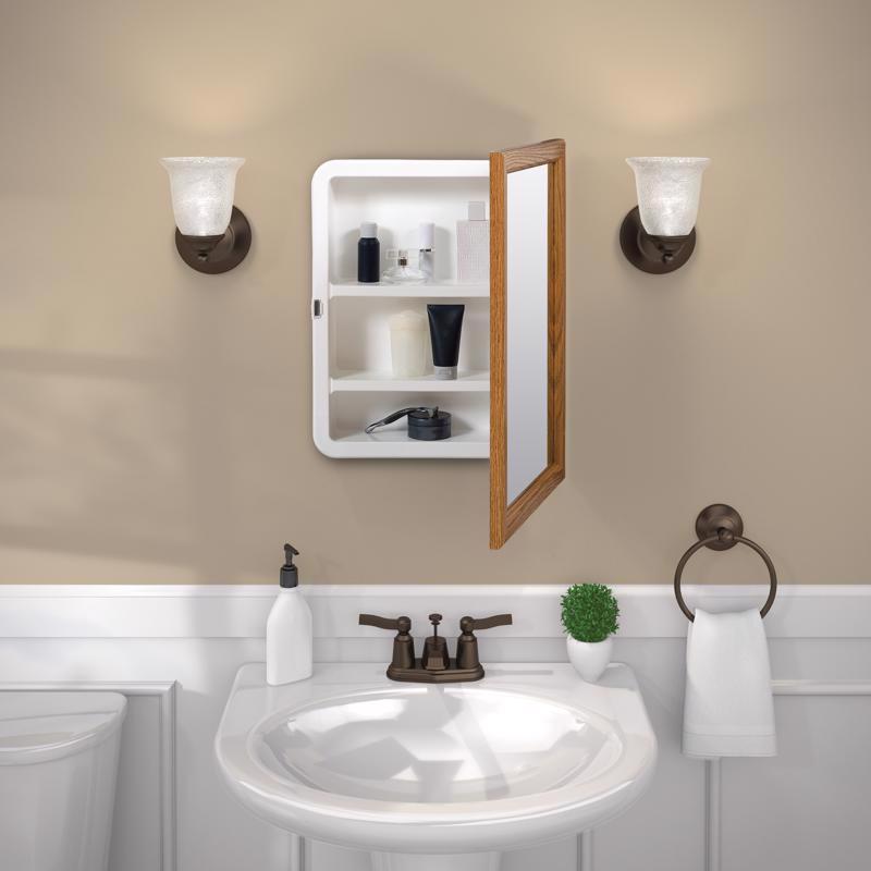 Zenith K268 Medicine Cabinet, 15-13/16 in OAW, 5-1/8 in OAD, 21-13/16 in OAH, Plastic, Oak, 2-Shelf
