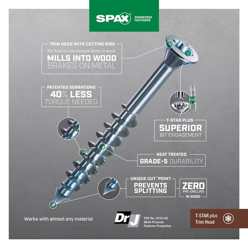 SPAX MDF No. 8 in. X 2-1/2 in. L T-20+ Trim Head Serrated Construction Screws