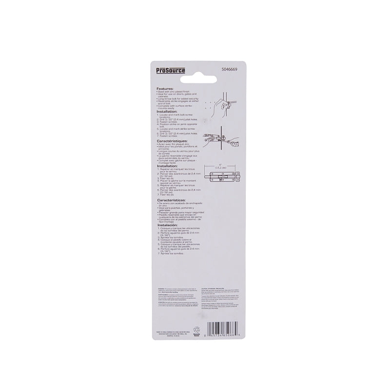 ProSource CL-701-PS Barrel Bolt, 0.31 Dia in Bolt Head, 6 in L Bolt, Steel, Zinc
