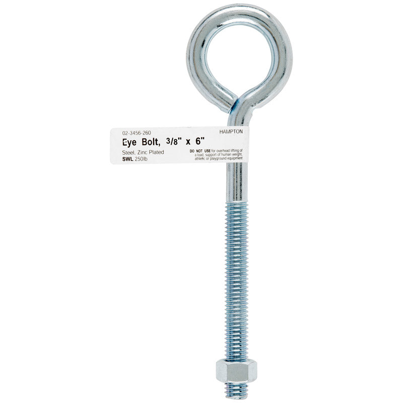 Hampton 3/8 in. X 6 in. L Zinc-Plated Steel Eyebolt Nut Included, Pack of 10