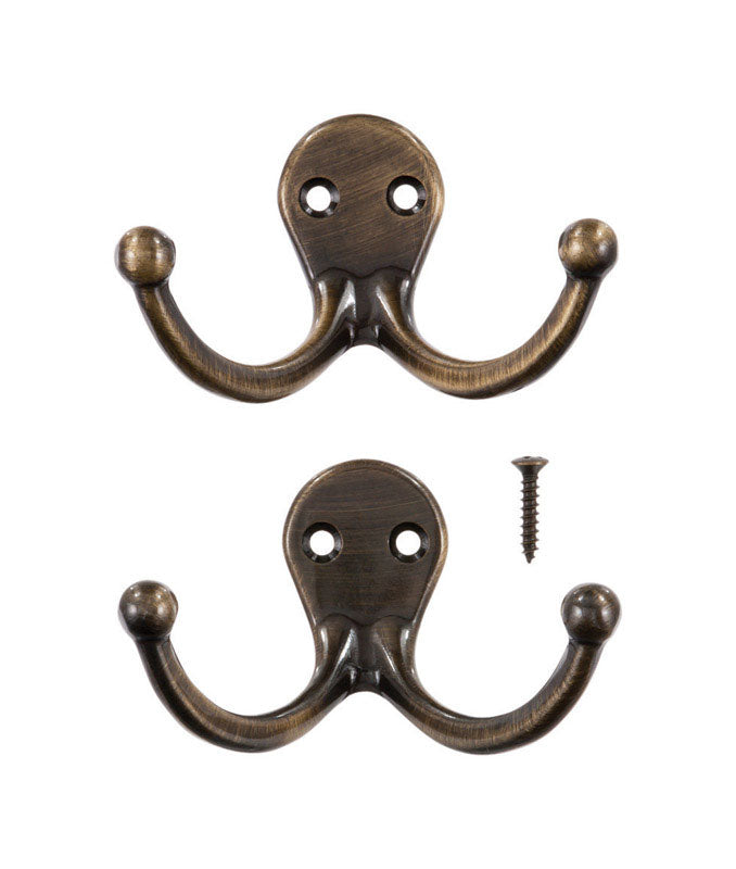 Ace 1-3/4 in. L Antique Brass Yellow Brass Small Double Garment Hook 2 pk, Pack of 5