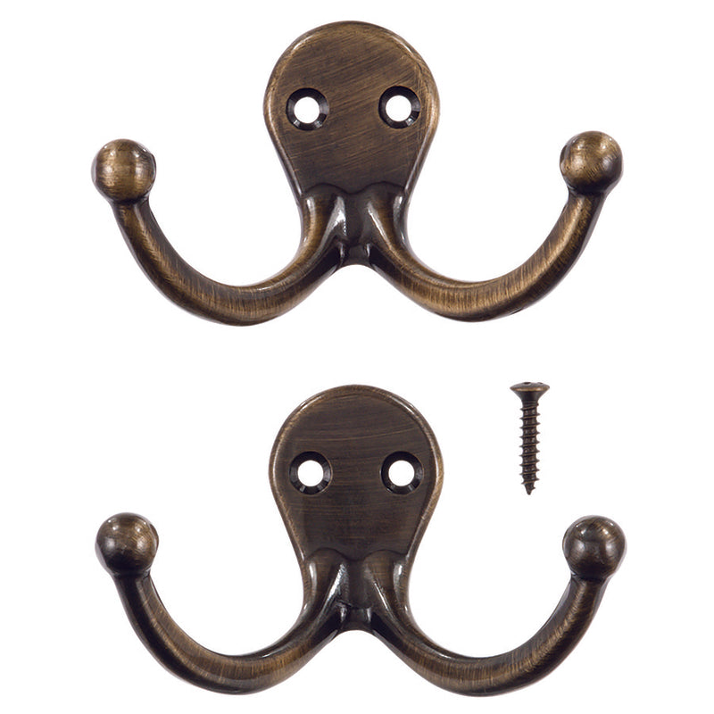 Ace 1-3/4 in. L Antique Brass Yellow Brass Small Double Garment Hook 2 pk, Pack of 5