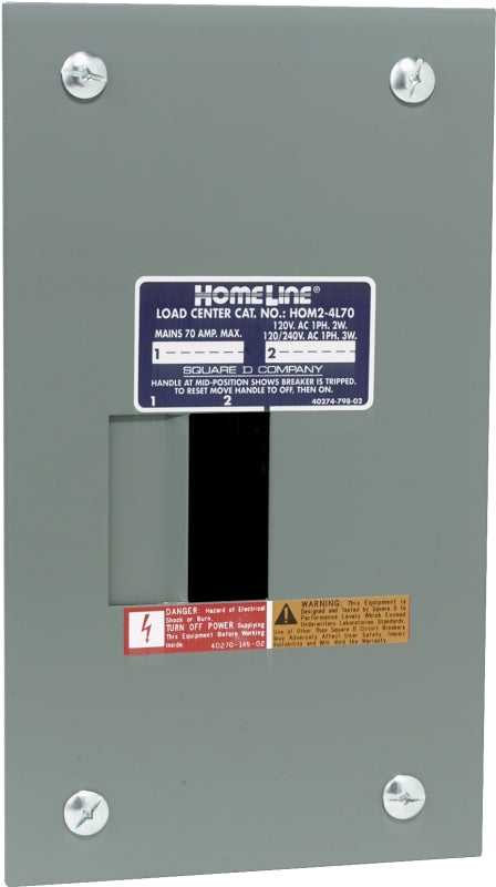 Square D Homeline HOM24L70FCP Load Center, 70 A, 2-Space, 4-Circuit, Main Lug, NEMA 1 Enclosure, Plug, Gray