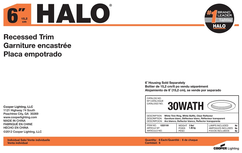 Halo 30WATH Baffle Trim, 6 in Dia, 5 in OAH, Metal Body, White
