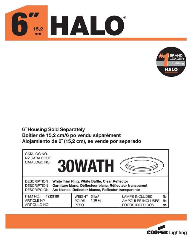 Halo 30WATH Baffle Trim, 6 in Dia, 5 in OAH, Metal Body, White
