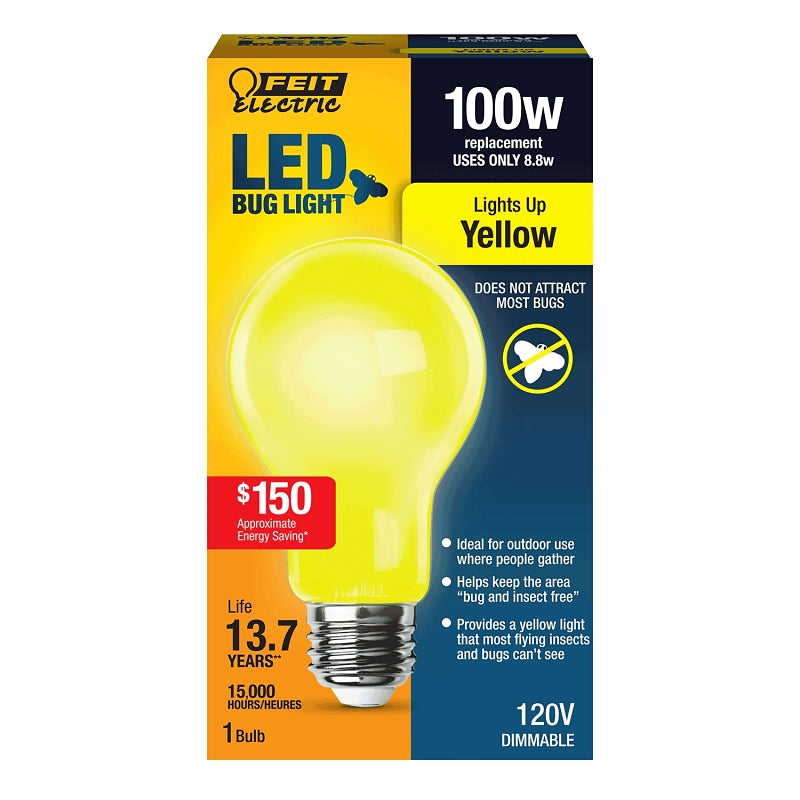 Feit Electric A19100/BUG/LED LED Bug Light, A19 Lamp, 100 W Equivalent, E26 Lamp Base, Yellow