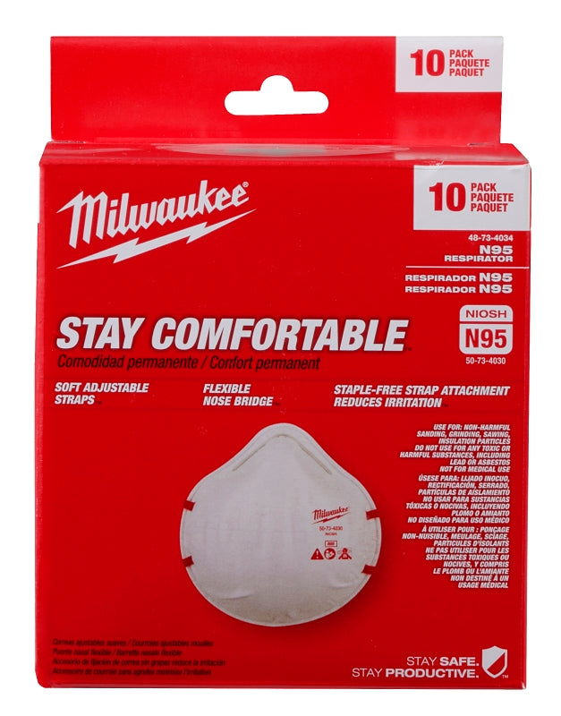 Milwaukee 48-73-4034 Respirator Dust Mask, Standard Mask, Red/White, Non-Woven Fabric Facepiece, 10/PK