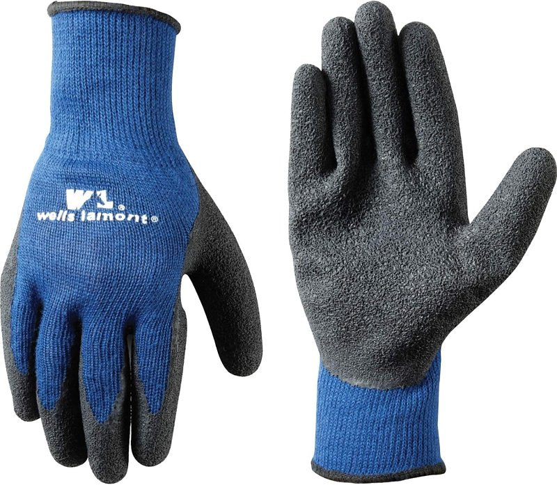 Wells Lamont 524L Work Gloves, Men's, L, Knit Cuff, Latex Coating, Cotton/Polyester Glove, Black/Blue