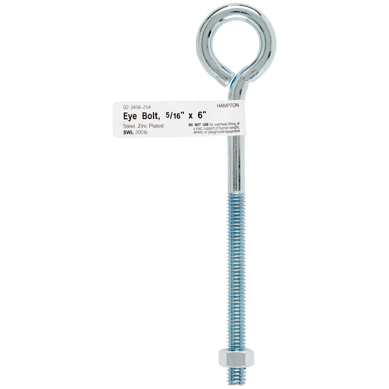Hampton 5/16 in. X 6 in. L Zinc-Plated Steel Eyebolt Nut Included, Pack of 10