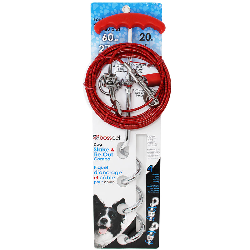 PDQ Boss Pet Silver / Red Vinyl Coated Cable Dog Tie Out Stake Large