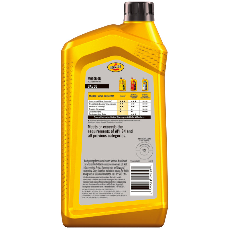 Pennzoil SAE 30 4-Cycle Heavy Duty Motor Oil 1 qt 1 pk, Pack of 6
