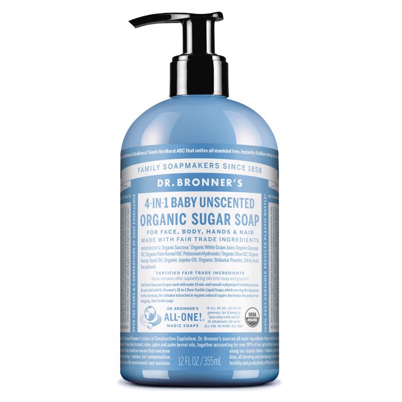 Dr. Bronner's 4-in-1 Baby Organic Baby Unscented Scent Sugar Soap 12 oz, Pack of 12