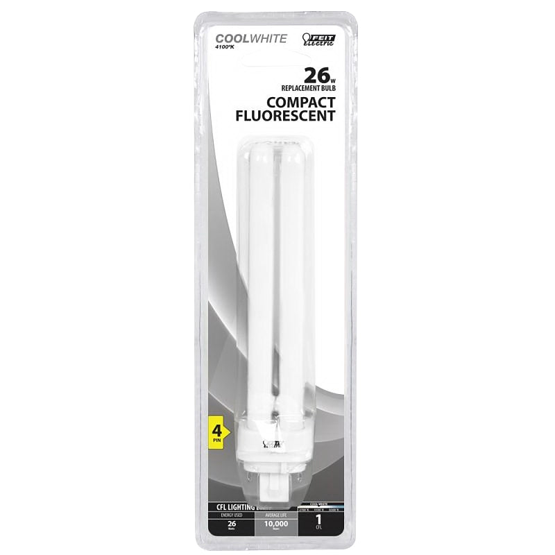Feit Electric BPPLD26E/41 Compact Fluorescent Bulb, 26 W, PL Lamp, G24Q-3 Lamp Base, 1600 Lumens, 4100 K Color Temp