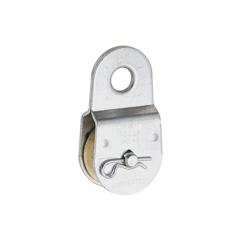 National Hardware N195-800 Pulley, Single Fixed, 1/2 in Dia Eye, 3/8 in Rope, 420 lb Working Load, 1-1/2 in Sheave, Zinc